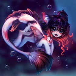 Size: 3261x3224 | Tagged: safe, artist:shenki, oc, oc only, original species, pony, blue eyes, bubble, digital art, dorsal fin, fangs, fins, fish tail, flowing mane, flowing tail, high res, koi pony, looking at you, ocean, open mouth, signature, slender, solo, tail, thin, underwater, unshorn fetlocks, water