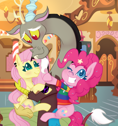 Size: 1320x1406 | Tagged: safe, artist:thatonefluffs, discord, fluttershy, pinkie pie, draconequus, earth pony, pegasus, pony, g4, discord gets all the mares, discoshypie, ear piercing, female, grin, hug, hug from behind, kidcore, lesbian, looking at each other, looking at someone, lucky bastard, male, one eye closed, ot3, piercing, polyamory, scenecore, ship:discopie, ship:discoshy, ship:flutterpie, shipping, smiling, smiling at each other, straight, throuple, trio, weirdcore