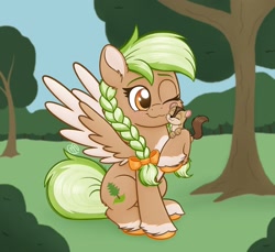Size: 1678x1536 | Tagged: safe, artist:msaniiart, oc, oc only, oc:sylvia evergreen, chipmunk, pegasus, pony, braid, braided pigtails, cute, female, forest, forest background, freckles, hair tie, happy, hug, mare, one eye closed, pegasus oc, pigtails, sitting, tree, unshorn fetlocks, wings