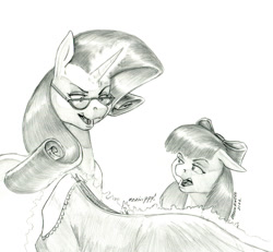 Size: 1296x1200 | Tagged: safe, artist:baron engel, apple bloom, rarity, earth pony, pony, unicorn, g4, clothes, dress, female, filly, foal, mare, monochrome, pencil drawing, story included, traditional art