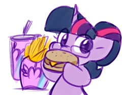 Size: 888x665 | Tagged: safe, artist:zutcha, sci-twi, twilight sparkle, pony, unicorn, equestria girls, g4, burger, equestria girls ponified, food, french fries, glasses, looking at you, simple background, soda, solo, that pony sure does love burgers, twilight burgkle, unicorn sci-twi, white background