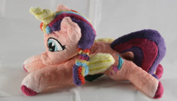 Size: 2128x1216 | Tagged: safe, artist:bastler, sunny starscout, alicorn, earth pony, pony, g5, artificial horn, artificial wings, augmented, female, horn, irl, magic, magic horn, magic wings, mane stripe sunny, mare, photo, plushie, race swap, sunnycorn, wings