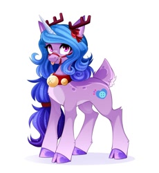 Size: 1104x1200 | Tagged: safe, artist:buvanybu, izzy moonbow, deer, deer pony, original species, pony, reindeer, unicorn, g5, antlers, bell, bell collar, cloven hooves, collar, deerified, halter, long mane, open mouth, open smile, pale belly, reindeer antlers, reindeerified, simple background, slender, smiling, solo, species swap, tack, thin, tongue out, white background