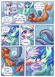 Size: 1052x1488 | Tagged: safe, artist:chaosangeldesu, oc, oc only, oc:candy bits, oc:flaming hoof, oc:star breeze, pony, seapony (g4), blushing, bubble, comic, commission, cute, female, fish tail, flowing tail, french kiss, kiss on the lips, kissing, lesbian, oc x oc, ocean, shipping, tail, tentacles, underwater, water