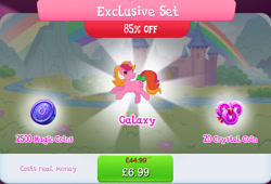 Size: 1266x861 | Tagged: safe, gameloft, idw, galaxy (g1), pony, unicorn, g1, g4, my little pony: magic princess, bow, bundle, costs real money, english, female, horn, idw showified, magic coins, mare, numbers, river, sale, solo, stream, tail, tail bow, text, water