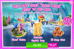 Size: 1962x1297 | Tagged: safe, gameloft, mustafa combe, crystal pony, pony, siren, g4, my little pony: magic princess, advertisement, bush, cap, costs real money, crystal empire, english, facial hair, hat, implied adagio dazzle, implied aria blaze, implied sonata dusk, introduction card, male, moustache, numbers, sale, solo, stallion, statue, text
