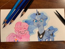 Size: 4032x3024 | Tagged: safe, artist:lost marbles, artist:oxfordinaryart, pinkie pie, princess luna, alicorn, earth pony, pony, g4, colored pencils, duo, smiling, traditional art, watercolor painting