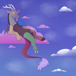 Size: 1890x1890 | Tagged: safe, artist:padfoottg, discord, draconequus, g4, cloud, cotton candy, cotton candy cloud, food, lying down, lying on a cloud, male, on a cloud, on back, signature, smiling, solo, watermark