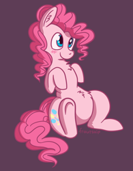 Size: 660x846 | Tagged: safe, artist:froutsuip, pinkie pie, pony, belly, belly fluff, blushing, chest fluff, chubby, ear fluff, female, looking forward, raised hooves, signature, simple background, sitting, solo, underhoof