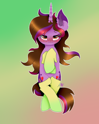 Size: 800x1000 | Tagged: safe, artist:kathepart, oc, oc only, oc:kathepaint, pony, unicorn, blushing, brown eyes, clothes, female, gradient background, socks, solo