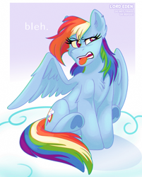 Size: 1342x1672 | Tagged: safe, artist:l0rdeden, rainbow dash, pegasus, pony, g4, bleh, chest fluff, disgusted, female, sitting, solo, tongue out, underhoof