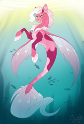 Size: 945x1400 | Tagged: safe, artist:sunny way, oc, oc only, fish, pony, sea pony, seapony (g4), bubble, crepuscular rays, cute, female, fin wings, finished commission, fins, fish tail, flowing mane, flowing tail, freckles, mare, ocean, signature, smiling, solo, sunlight, tail, underwater, water, wings