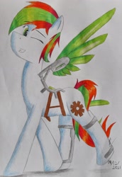Size: 1614x2351 | Tagged: safe, artist:thecrimsonspark, oc, oc only, oc:ember sparks, pegasus, pony, amputee, artificial wings, augmented, mechanical wing, pegasus oc, prosthetic limb, prosthetic wing, prosthetics, reference sheet, solo, traditional art, wings