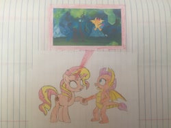 Size: 3264x2448 | Tagged: safe, artist:dupontsimon, ocellus, smolder, sunset shimmer, fanfic:magic show of friendship, equestria girls, g4, what lies beneath, disguise, disguised changeling, fanfic art, high res, lined paper, traditional art
