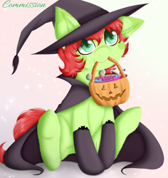 Size: 3300x3500 | Tagged: safe, artist:rafiiis, oc, oc only, oc:apple spice, earth pony, pony, bucket, candy, cape, clothes, commission, costume, earth pony oc, female, food, halloween, hat, high res, holiday, mouth hold, solo, witch, witch hat, ych result