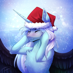 Size: 3000x3000 | Tagged: safe, artist:lunciakkk, oc, oc:lea cupcake, alicorn, pony, biceps, blushing, chest fluff, christmas, commission, ear fluff, eyes closed, hat, high res, holiday, santa hat, signature, slender, snow, solo, spread wings, thin, wings