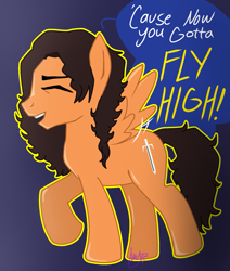 Size: 1449x1709 | Tagged: safe, artist:decaydaance, pegasus, pony, glam metal, glam rock, male, mark slaughter, ponified, signature, simple background, singing, speech bubble, spread wings, stallion, text, wings