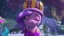 Size: 1920x1080 | Tagged: safe, screencap, pipp petals, pegasus, pony, g5, my little pony: make your mark, my little pony: make your mark chapter 3, winter wishday, spoiler:g5, spoiler:winter wishday, eyes closed, female, mare, snow, snowfall, solo