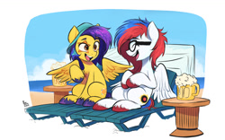 Size: 1440x900 | Tagged: safe, artist:fanzeem, oc, oc only, oc:mixi creamstar, pegasus, pony, beach, beach chair, chair, colored hooves, duo, glasses, hat, open mouth, open smile, pegasus oc, smiling, star mark, unshorn fetlocks