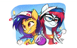 Size: 1440x900 | Tagged: safe, artist:fanzeem, oc, oc only, oc:mixi creamstar, pegasus, pony, bust, christmas, christmas lights, clothes, duo, glasses, hat, heterochromia, holiday, pegasus oc, scarf, simple background, smiling, snow, star mark, white background, winter