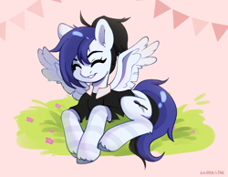 Size: 3092x2404 | Tagged: safe, artist:sugarstar, oc, pegasus, pony, clothes, cute, eyes closed, grass, high res, lying down, smiling, solo, spread wings, wings