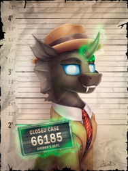 Size: 2250x3000 | Tagged: safe, artist:helmie-art, oc, oc only, oc:closed case, changeling, clothes, hat, high res, male, mugshot, solo