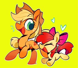 Size: 1815x1575 | Tagged: safe, artist:ache13337003, apple bloom, applejack, earth pony, pony, g4, apple sisters, female, filly, foal, heart, mare, siblings, simple background, sisters