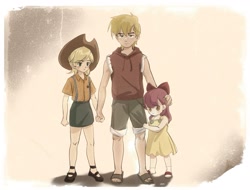 Size: 2115x1611 | Tagged: safe, artist:paopaozier, apple bloom, applejack, big macintosh, human, g4, apple siblings, apple sisters, brother and sister, clothes, dress, humanized, shirt, shorts, siblings, sisters, t-shirt, yellow dress