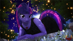Size: 7680x4320 | Tagged: safe, artist:loveslove, twilight sparkle, unicorn, anthro, g4, 3d, absurd file size, absurd resolution, black dress, clothes, dress, female, flower, horn, jewelry, looking at you, necklace, night, outdoors, smiling, smiling at you, solo, tail