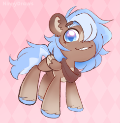 Size: 2073x2123 | Tagged: safe, artist:ninnydraws, oc, oc only, oc:jonna, pegasus, pony, abstract background, clothes, colt, foal, freckles, high res, looking at you, male, scarf, solo, unshorn fetlocks