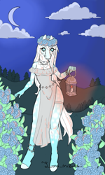 Size: 533x887 | Tagged: safe, artist:luna_mcboss, oc, oc only, oc:althea, earth pony, anthro, unguligrade anthro, anklet, arabian, belt, blue coat, blue eyes, bracelet, candle, candlelight, clothes, cloud, coat markings, complex background, dappled, dress, earth pony oc, female, flower, flower in hair, furry, furry oc, garter belt, glowing, jewelry, lantern, lighting, long hair, moon, necklace, night, outdoors, solo, white mane