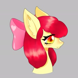 Size: 2048x2048 | Tagged: safe, artist:bunnynote08, apple bloom, bat pony, pony, g4, bust, fangs, female, filly, foal, gray background, high res, looking sideways, portrait, race swap, simple background, solo