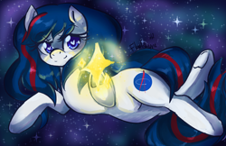 Size: 3000x1942 | Tagged: safe, artist:floralshitpost, oc, oc only, oc:nasapone, earth pony, pony, floating, flowing mane, galaxy, glowing, heart, heart eyes, smiling, space, stars, underhoof, wingding eyes