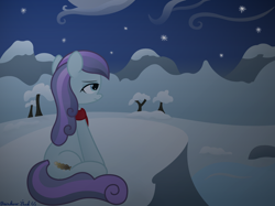 Size: 4032x3016 | Tagged: safe, artist:rainbowšpekgs, sapphire joy, crystal pony, pony, a tale of one shadow, the crystal empire 10th anniversary, g4, clothes, cold, mountain, sad, scarf, scenery, solo, tree, winter