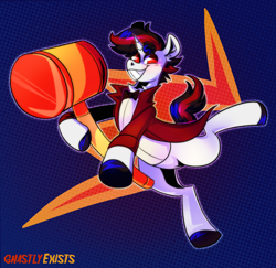Size: 1986x1932 | Tagged: safe, artist:ghastlyexists, oc, oc only, oc:goofy gags, pony, unicorn, bowtie, clothes, colorful, floating, freckles, hammer, holding, looking at you, male, necktie, raised hoof, red eyes, shirt, short mane, short tail, simple background, smiling, smiling at you, solo, stallion, suit, tail, teeth, tuxedo, unshorn fetlocks