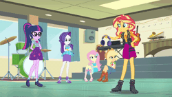 Size: 600x338 | Tagged: safe, screencap, applejack, fluttershy, rarity, sci-twi, sunset shimmer, twilight sparkle, human, equestria girls, equestria girls series, g4, overpowered (equestria girls), animated, clothes, female, geode of empathy, geode of fauna, geode of shielding, geode of super strength, geode of telekinesis, gif, headphones, humane five, magical geodes, thinking