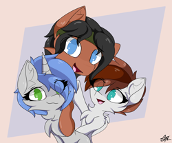 Size: 2400x2000 | Tagged: safe, artist:starmaster, oc, oc:becca, oc:hiki, oc:snake, earth pony, pegasus, pony, unicorn, high res, hooves, looking at you, no pupils, ponied up, smiling, trio