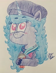 Size: 2955x3811 | Tagged: safe, izzy moonbow, pony, unicorn, g5, my little pony: make your mark, my little pony: make your mark chapter 3, winter wishday, spoiler:g5, spoiler:winter wishday, beret, blushing, chocolate, clothes, colored, colored pencil drawing, female, food, hat, high res, hot chocolate, looking at you, scarf, smiling, smiling at you, solo, starbucks, traditional art, warm wishiehoof, winter, winter outfit