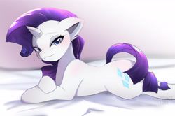 Size: 4590x3039 | Tagged: safe, artist:lorethelostking, rarity, pony, unicorn, g4, bed, female, looking at you, lying down, lying on bed, on bed, prone, smiling, smiling at you, solo