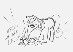 Size: 2298x1614 | Tagged: safe, artist:t72b, bon bon, lyra heartstrings, sweetie drops, ant, anteater, hybrid, insect, pony, g4, bon bon is not amused, duo, extra legs, eyes closed, female, licking, lyrant, mare, monochrome, sketch, species swap, tongue out, unamused, yelling