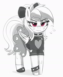 Size: 1365x1646 | Tagged: safe, artist:pabbley, rainbow dash, pegasus, pony, g4, blushing, bow, choker, clothes, emanata, female, grayscale, grumpy, hair bow, mare, monochrome, partial color, rainbow dash always dresses in style, simple background, skirt, solo, sweat, tomboy taming, wavy mouth, white background
