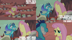 Size: 4400x2475 | Tagged: safe, edit, edited screencap, editor:quoterific, screencap, fluttershy, princess ember, dragon, pegasus, pony, g4, sweet and smoky, dialogue, dragon egg, dragoness, duo, egg, female, mare