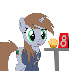Size: 2000x2000 | Tagged: safe, artist:dddromm, oc, oc only, oc:littlepip, pony, unicorn, fallout equestria, clothes, female, food, high res, jumpsuit, looking at you, mare, muffin, simple background, smiling, smiling at you, solo, vault suit, white background