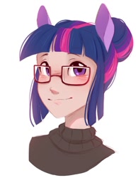 Size: 832x1065 | Tagged: safe, artist:melodylibris, twilight sparkle, human, g4, blushing, bust, eared humanization, female, glasses, hair bun, humanized, looking at you, simple background, smiling, smiling at you, solo, white background