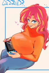 Size: 800x1200 | Tagged: safe, artist:sozglitch, sunset shimmer, human, big breasts, breasts, busty sunset shimmer, clothes, denim, female, floating heart, heart, high angle, huge breasts, humanized, jeans, looking at you, looking up, looking up at you, nintendo switch, open mouth, open smile, pants, smiling, solo, turtleneck