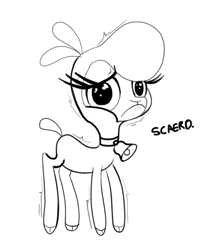 Size: 652x761 | Tagged: safe, artist:shelbysmol, pom (tfh), lamb, sheep, them's fightin' herds, :c, bell, bell collar, black and white, cloven hooves, collar, community related, doodle, female, frown, grayscale, intentional spelling error, monochrome, scared, shaking, simple background, solo, text, white background
