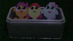 Size: 1280x720 | Tagged: safe, artist:vulchrys, apple bloom, scootaloo, sweetie belle, earth pony, pegasus, pony, unicorn, g4, 3d, blender, blender cycles, box, cutie mark crusaders, grass, looking up, night, trio