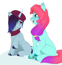 Size: 2121x2219 | Tagged: safe, artist:aztrial, jazz hooves, onyx, earth pony, pony, unicorn, g5, beret, blushing, clothes, cute, duo, female, grin, hair over one eye, hat, high res, jazzibetes, looking at each other, looking at someone, mare, onyxhooves, open mouth, raised hoof, scarf, simple background, sitting, smiling, unshorn fetlocks, white background