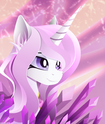 Size: 2861x3373 | Tagged: safe, artist:andaluce, fleur-de-lis, pony, unicorn, the crystal empire 10th anniversary, abstract background, background pony, bust, crystal, ear fluff, lineless, smiling, solo