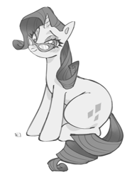 Size: 2115x2850 | Tagged: safe, artist:eunicidae, rarity, pony, unicorn, g4, female, glasses, grayscale, high res, lidded eyes, looking at you, mare, monochrome, rarity's glasses, simple background, sitting, smiling, smiling at you, solo, white background